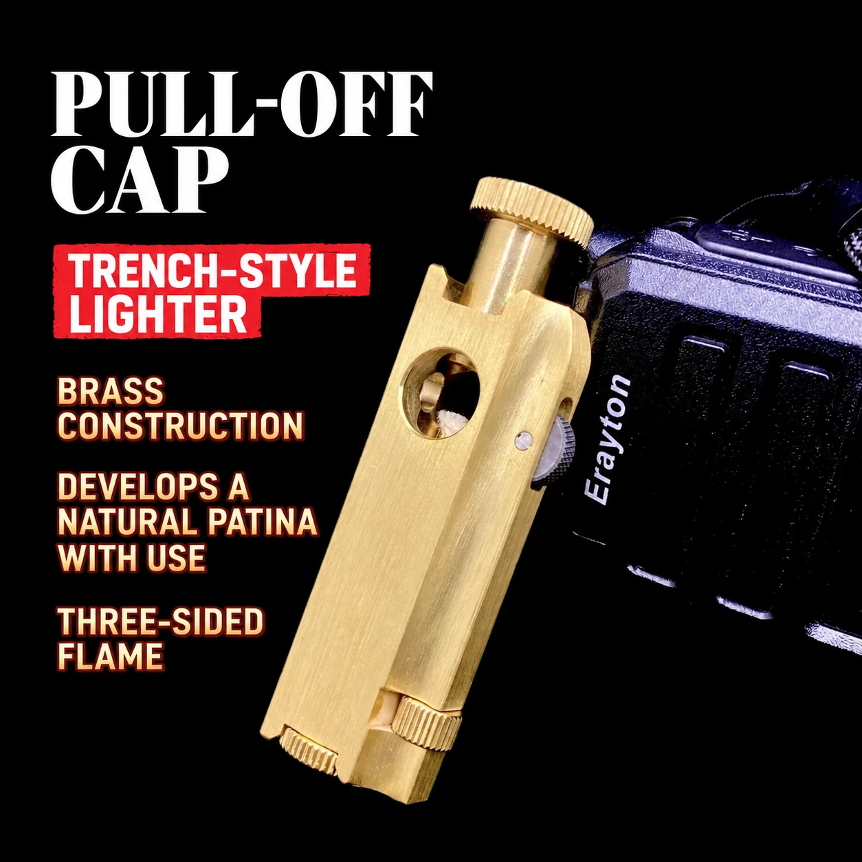 Soft flame pipe lighter trench-style brass features
